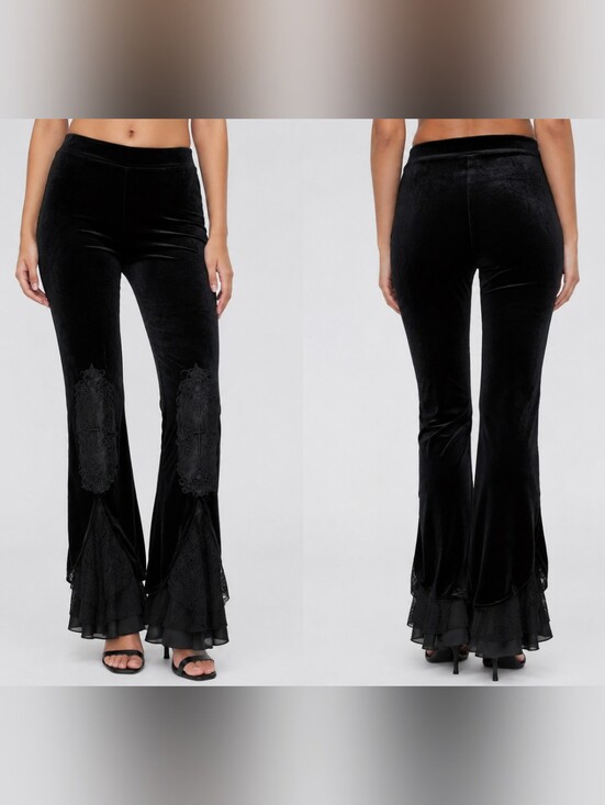 ROMWE Pants - Velvet Gothic Flared Lace-Hem Pants - Black 484